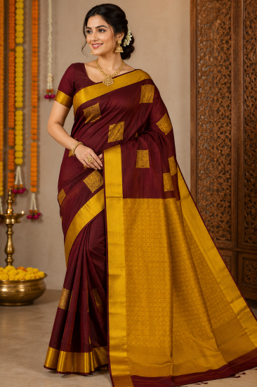 ROYAL MAROON AND MUSTARD GOLD SILK COTTON SAREE – TRADITIONAL ELEGANCE WITH A RICH ZARI FINISH