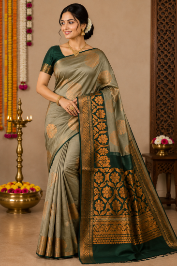 ELEGANT OLIVE GREEN SOFT SILK SAREE WITH ANTIQUE GOLD FLORAL ZARI & RICH BOTTLE GREEN DESIGNER PALLU