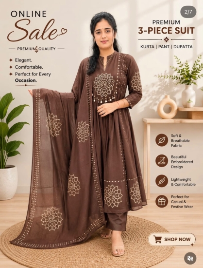 ELEGANT COFFEE BROWN COTTON READY-TO WEAR SUIT WITH INTRICATE EMBROIDERY