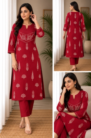 CRIMSON RED BLOOM PURE COTTON PRINTED KURTA SET