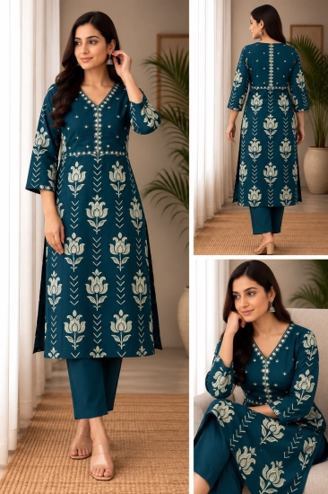 TEAL BLOSSOM ROYALE – ELEGANT PRINTED COTTON KURTA SET