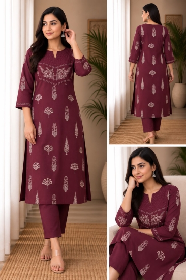 PLUM ELEGANCE  – PURE COTTON PRINTED KURTA SET